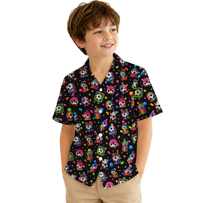 Matching family Hawaiian shirts featuring a soccer and sweets pattern on a black background, main view