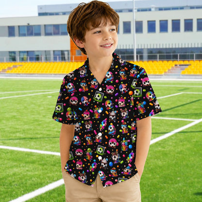 Lifestyle view of a group wearing the matching family Hawaiian shirts in the soccer and sweets design