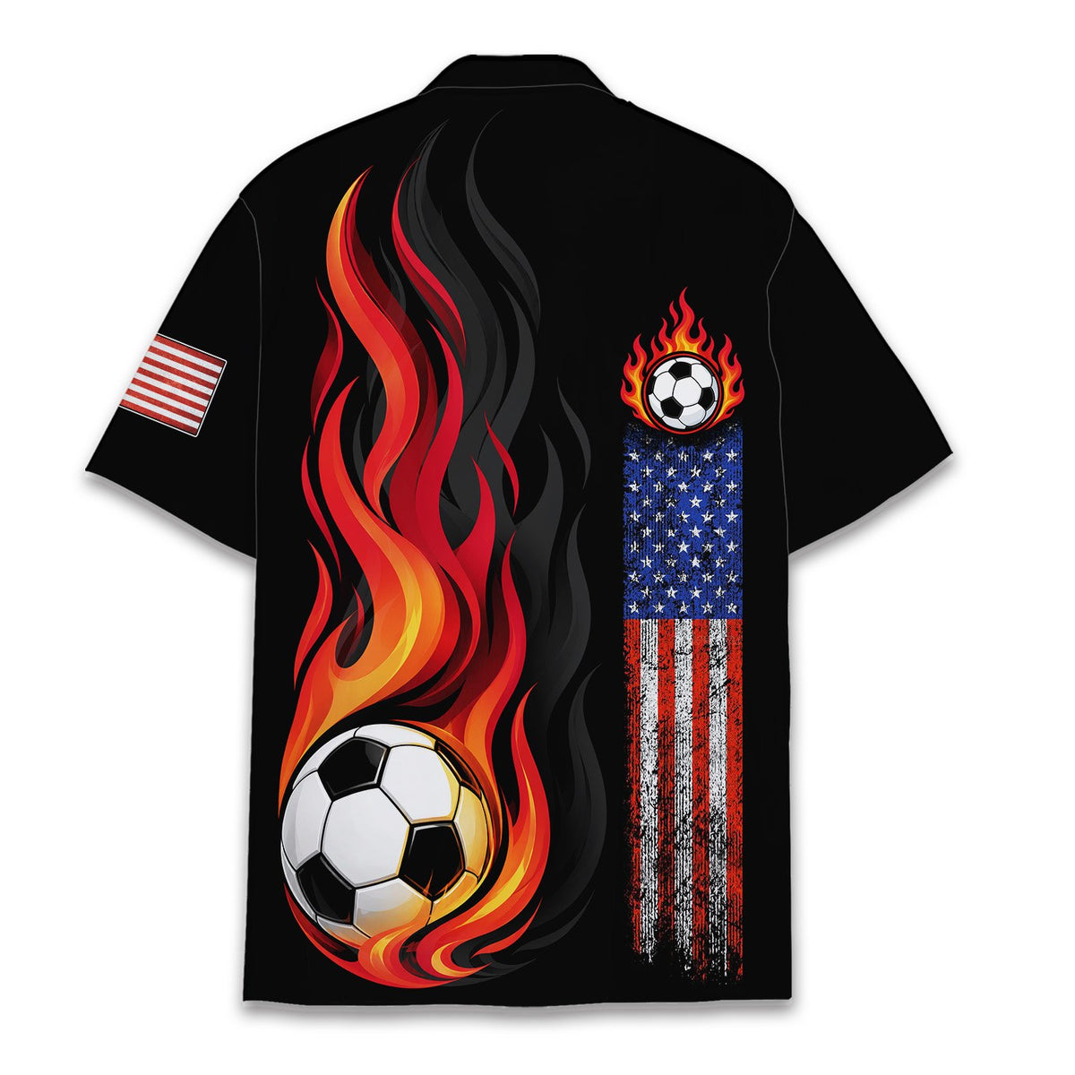 Back view of the solid black soccer and patriotism hawaiian shirt