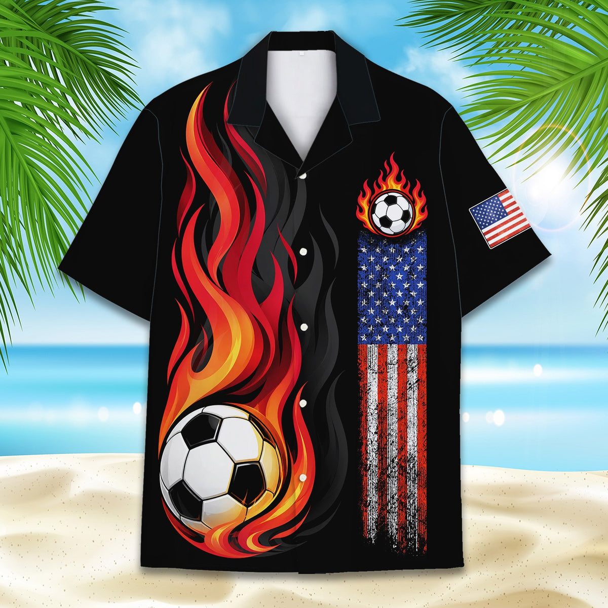 Close-up front view of the flaming soccer ball and distressed flag design on a black hawaiian shirt