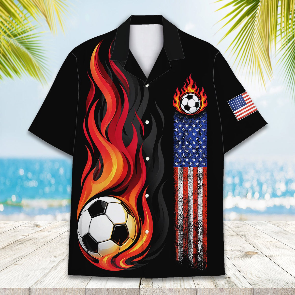 Another front view of the soccer and patriotism hawaiian shirt for adults