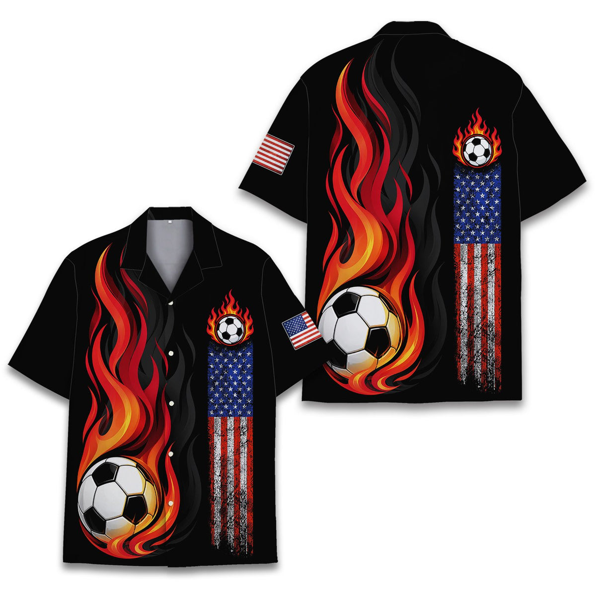 Additional front angle of the black hawaiian shirt featuring soccer graphics