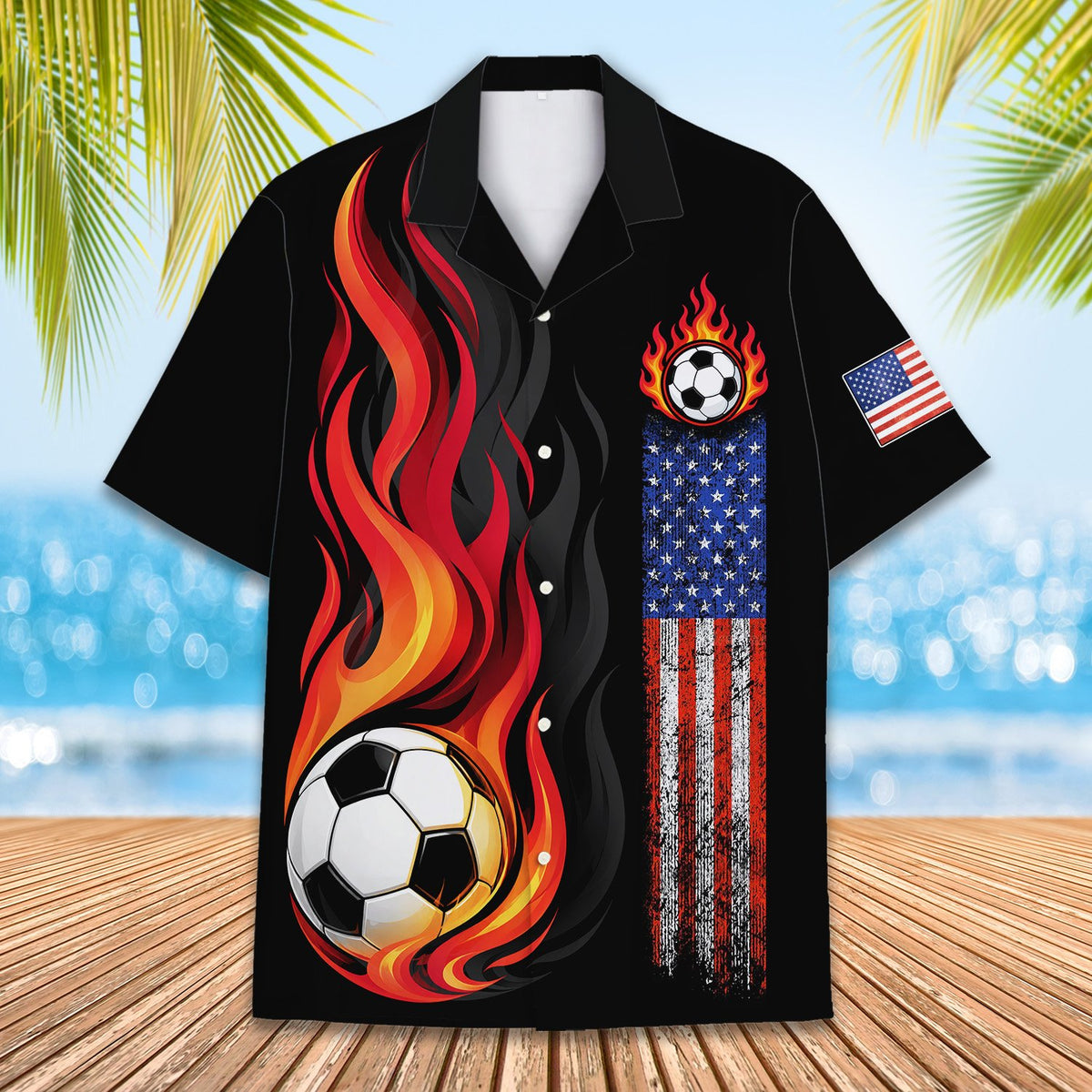 Front view of the black soccer hawaiian shirt with American flag graphic