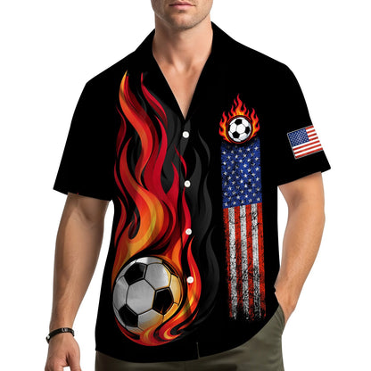 Lifestyle image showing the black soccer hawaiian shirt worn outdoors
