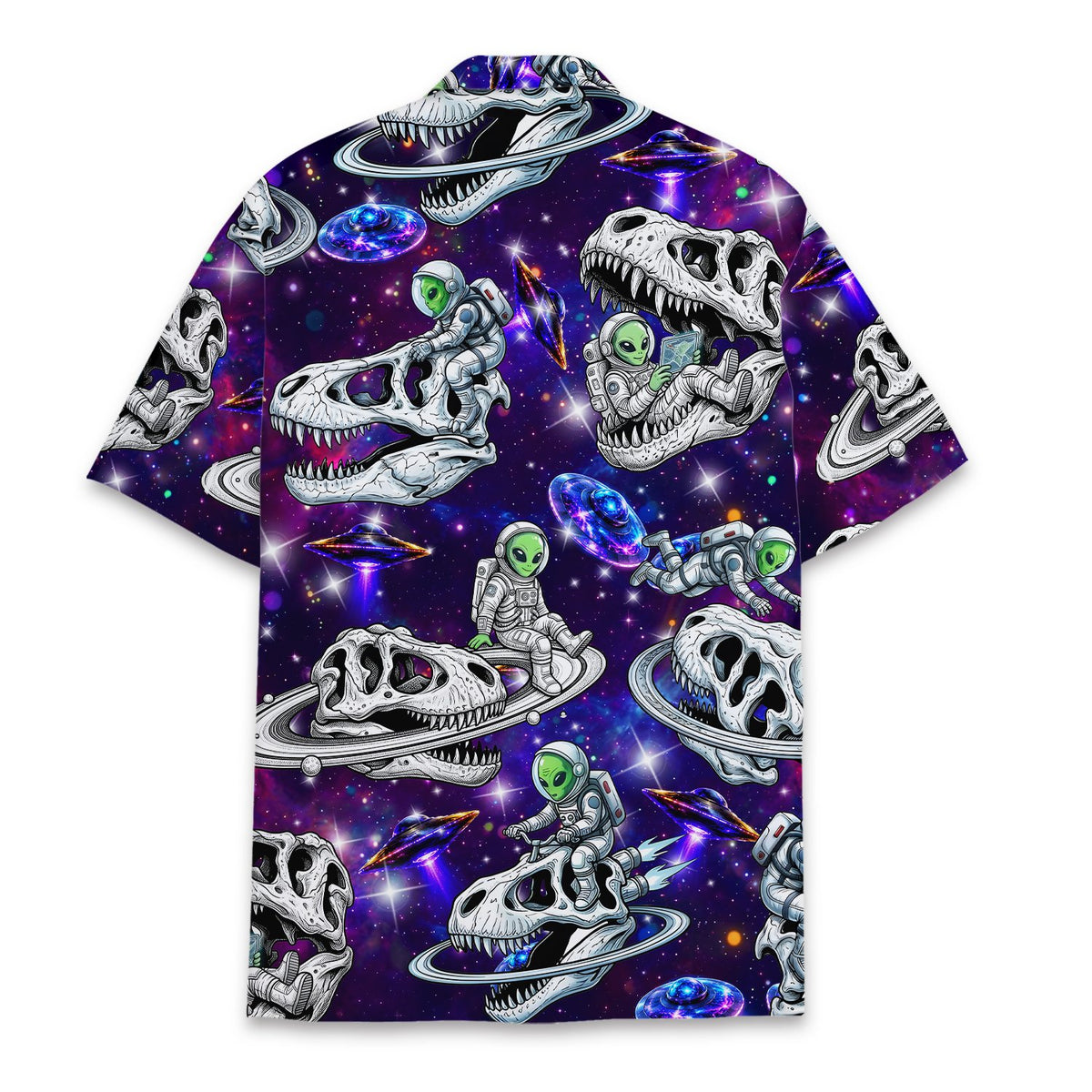 Back view of the space and aliens hawaiian shirt