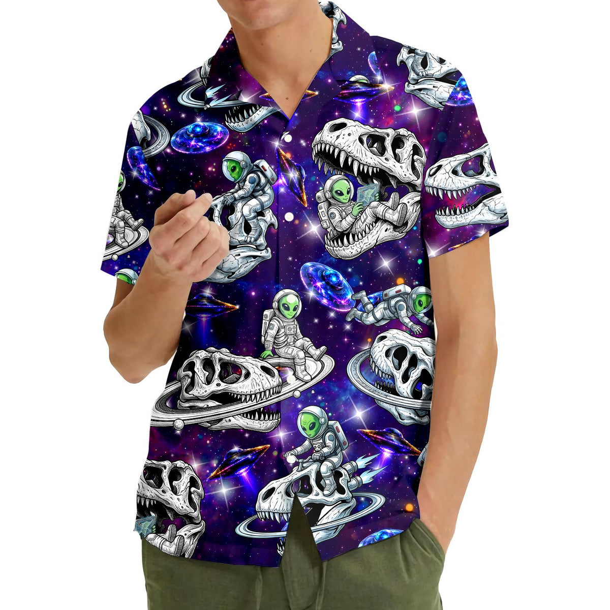 Third lifestyle view of the purple space hawaiian shirt