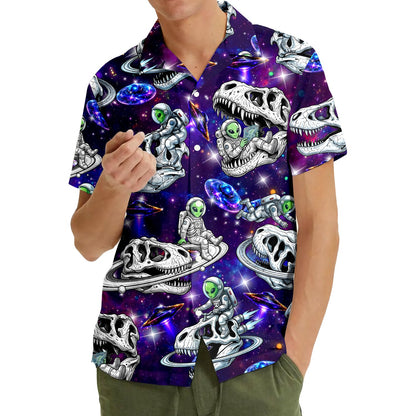 Third lifestyle view of the purple space hawaiian shirt
