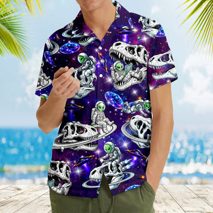 Fourth lifestyle view of the space and dinosaur hawaiian shirt
