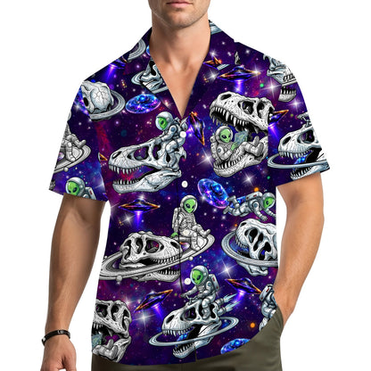 Lifestyle view of the space / aliens / dinosaurs hawaiian shirt