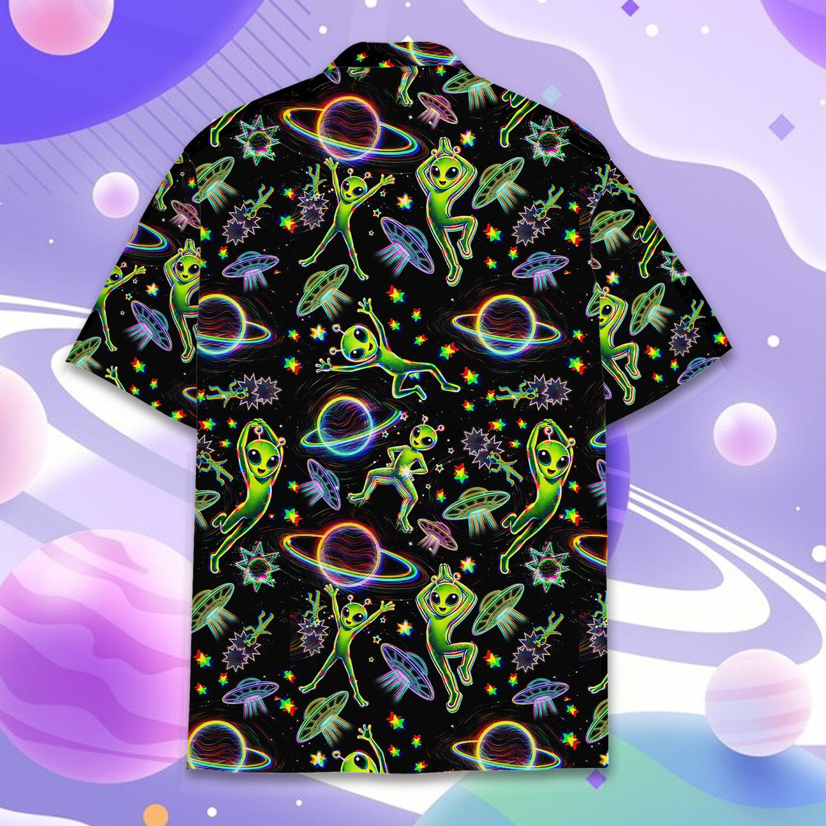 Close up back view of the neon green alien and planets hawaiian shirt