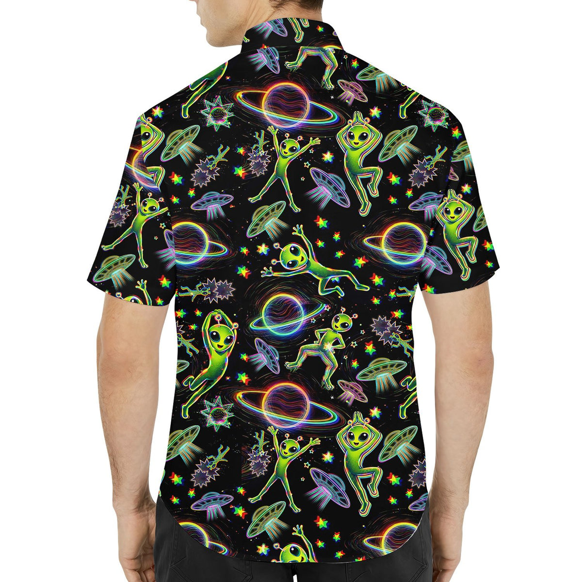 Back view of the space aliens hawaiian shirt