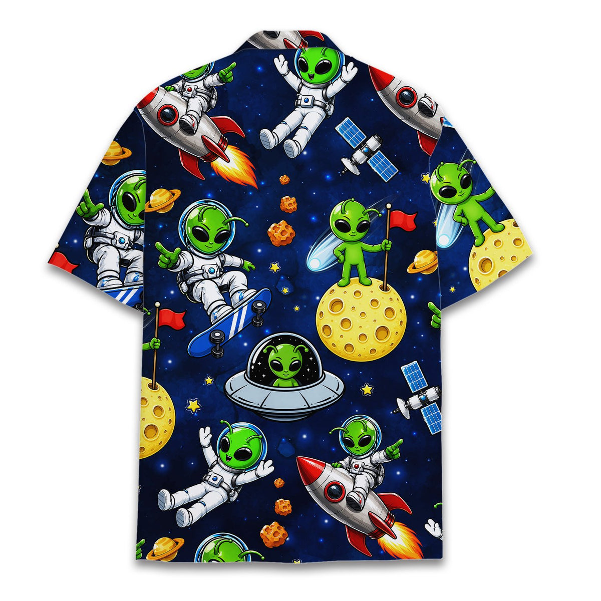 Back view of the space aliens hawaiian shirt with all-over galaxy print