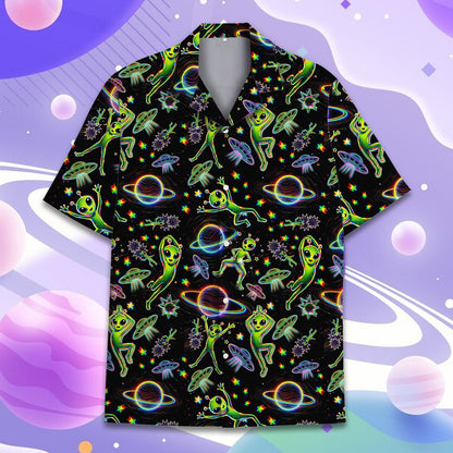 Close up front view of the neon green alien print hawaiian shirt