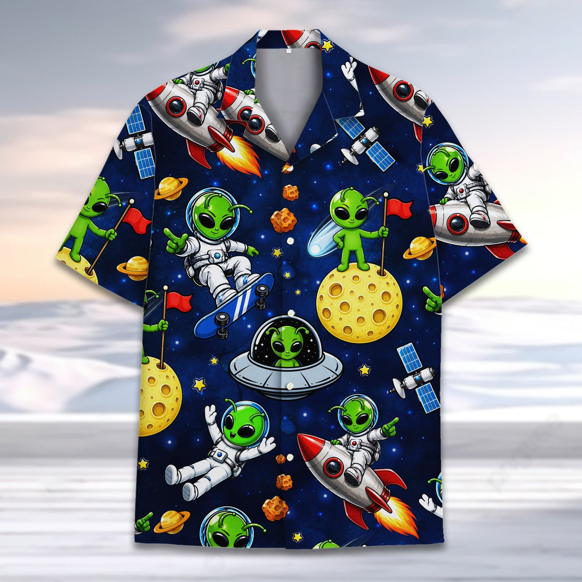 Second front view of the navy and green space aliens hawaiian shirt