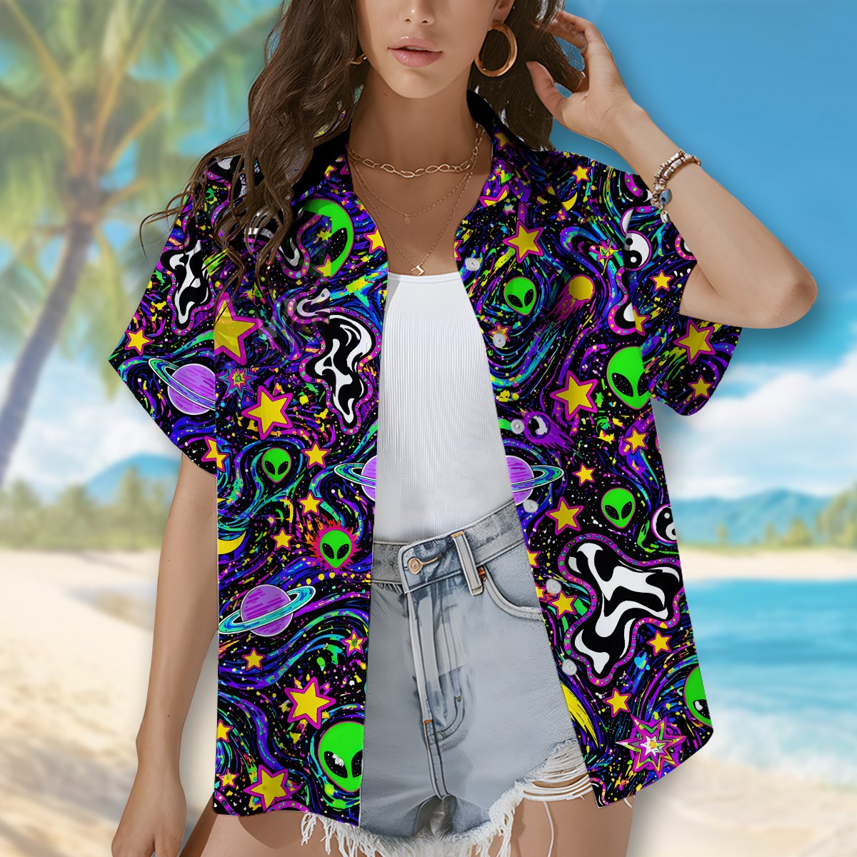 Space and aliens hawaiian shirt featuring a psychedelic neon print, front view alternate