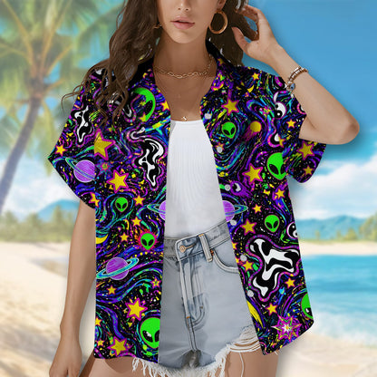 Space and aliens hawaiian shirt featuring a psychedelic neon print, front view alternate