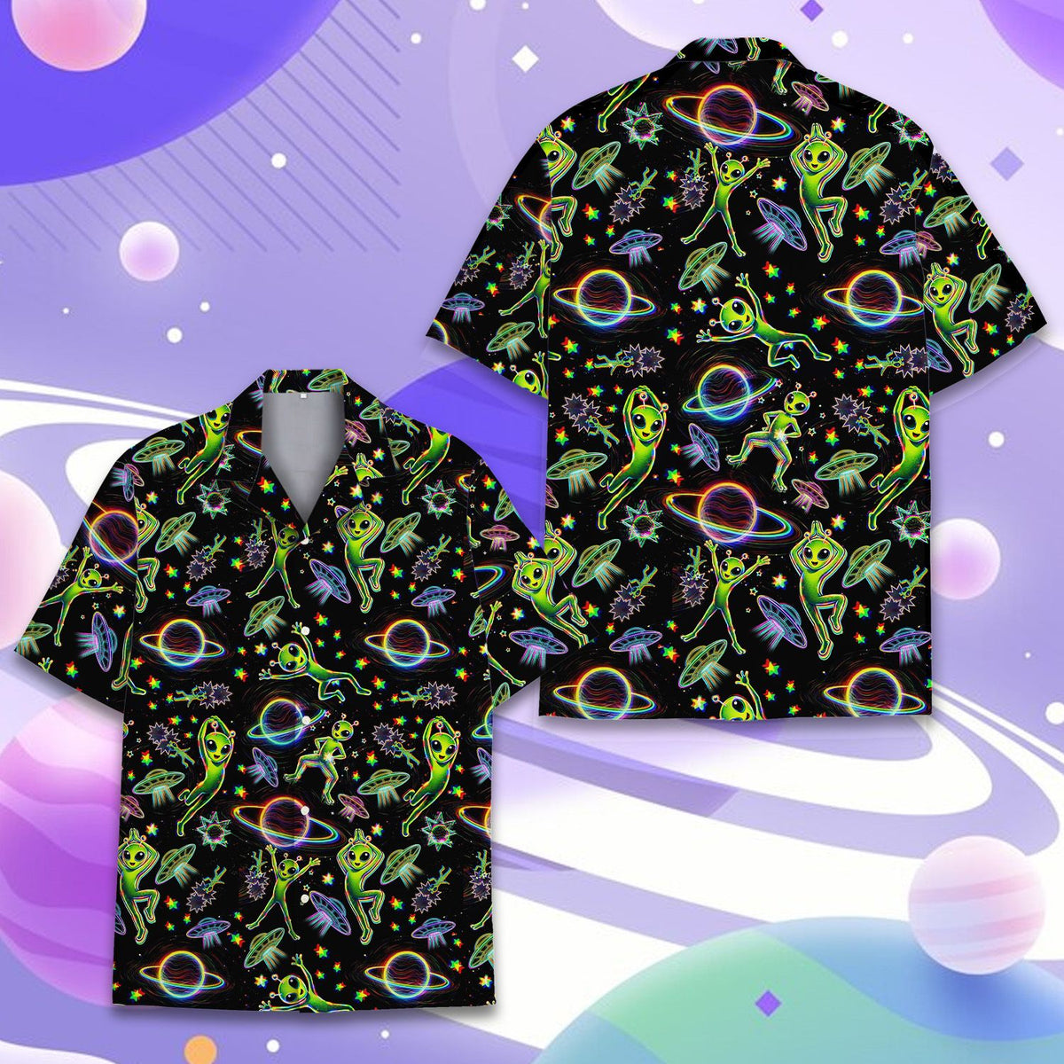 Detailed front view of the retro sci-fi alien hawaiian shirt