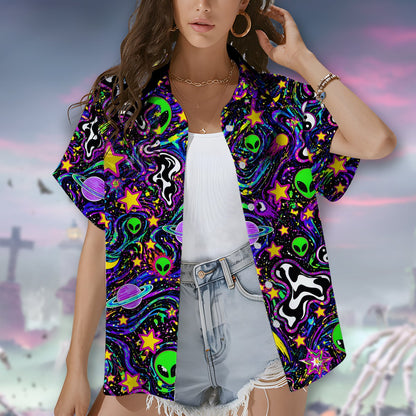 Space and aliens hawaiian shirt featuring a psychedelic neon print, front view detail