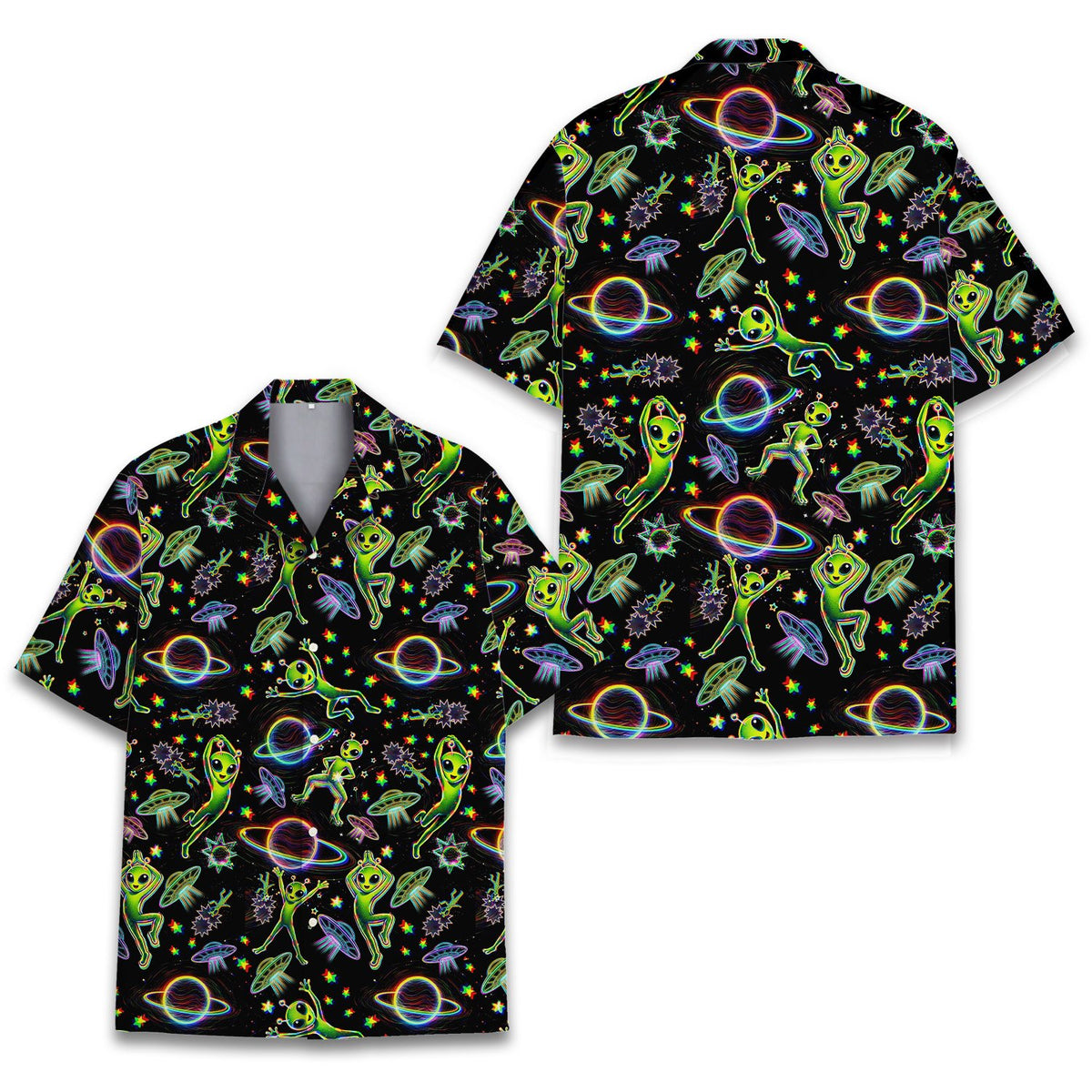 Additional front detail of the space aliens hawaiian shirt