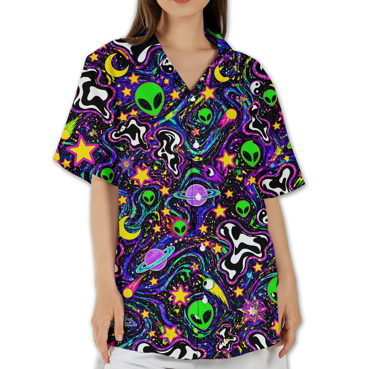 Space and aliens hawaiian shirt featuring a psychedelic neon print, front view close up