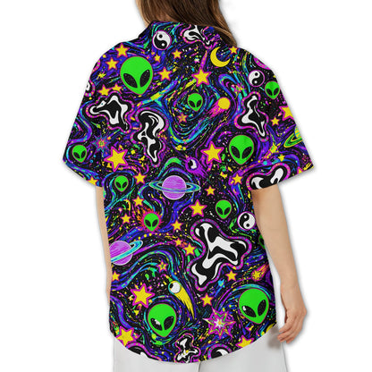 Space and aliens hawaiian shirt featuring a psychedelic neon print, front view styled
