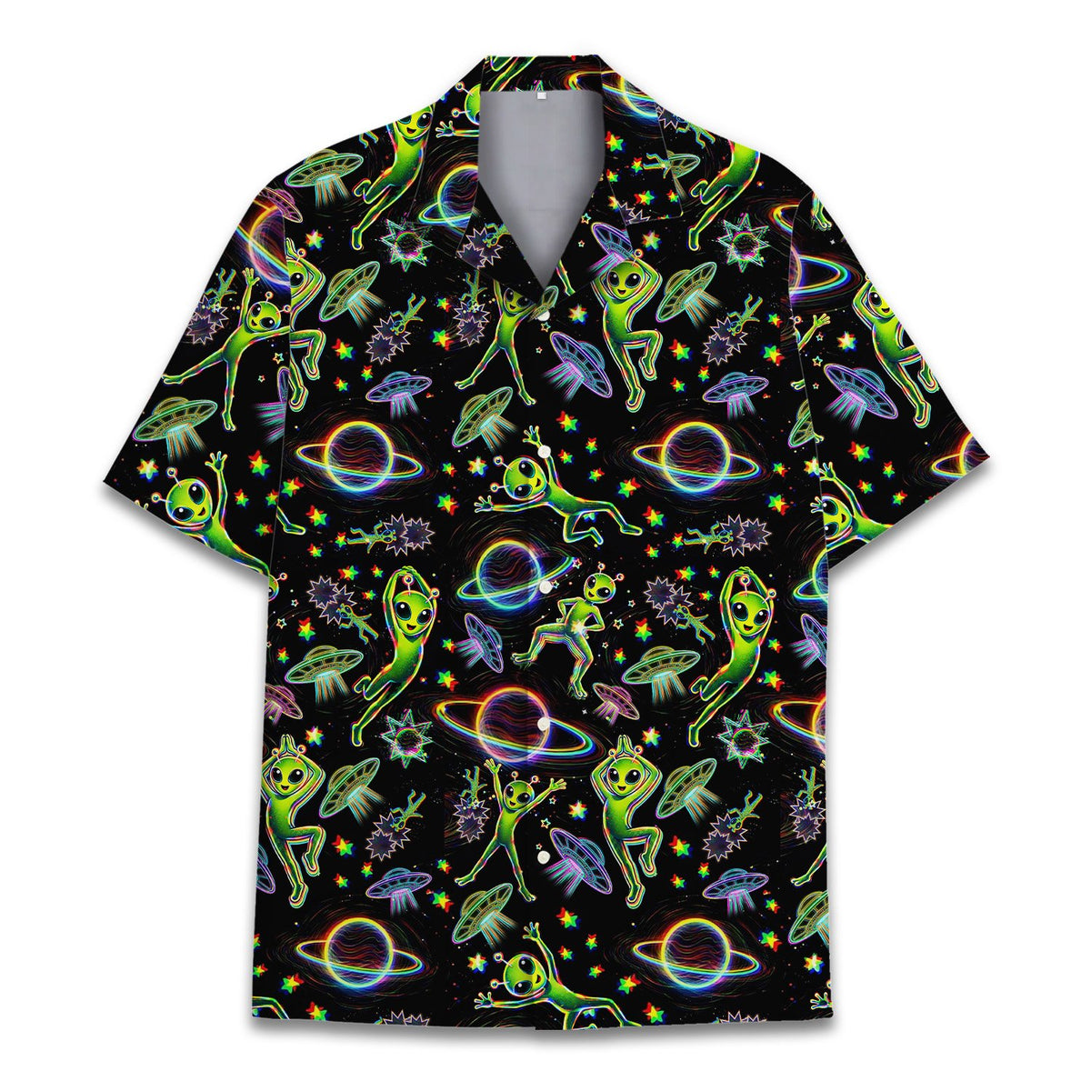 Space aliens hawaiian shirt on a black background, front view