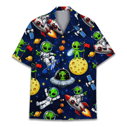 Close up of space aliens hawaiian shirt showing UFOs and stars