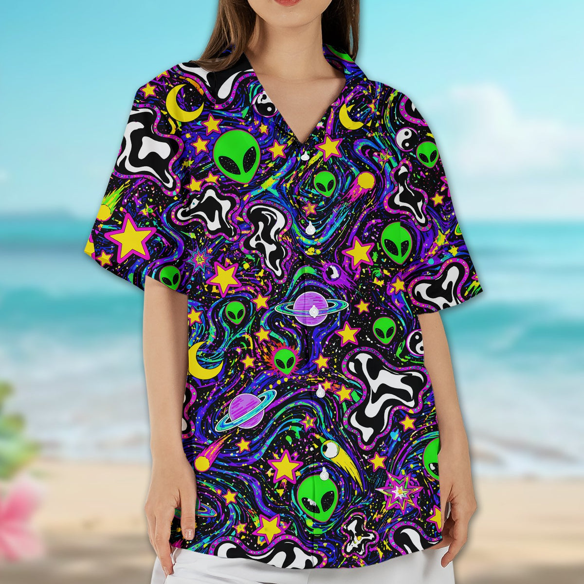 Space and aliens hawaiian shirt featuring a psychedelic neon print, front view