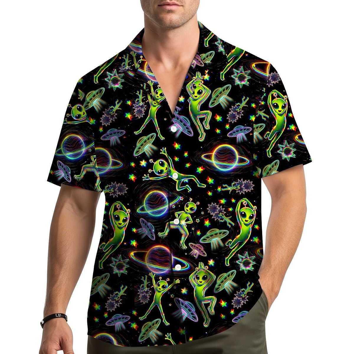 Second lifestyle view of the matching family hawaiian shirts with space and alien design