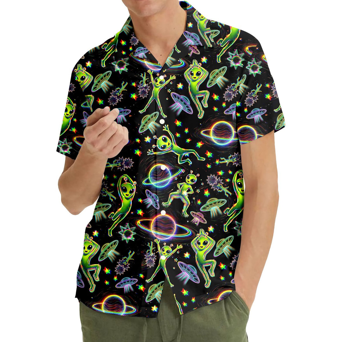 Lifestyle view of a family wearing matching space aliens hawaiian shirts
