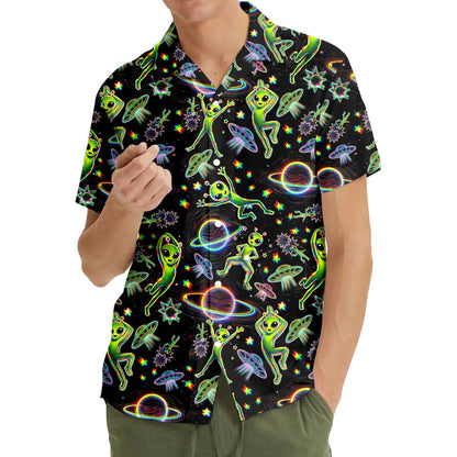 Lifestyle view of a family wearing matching space aliens hawaiian shirts
