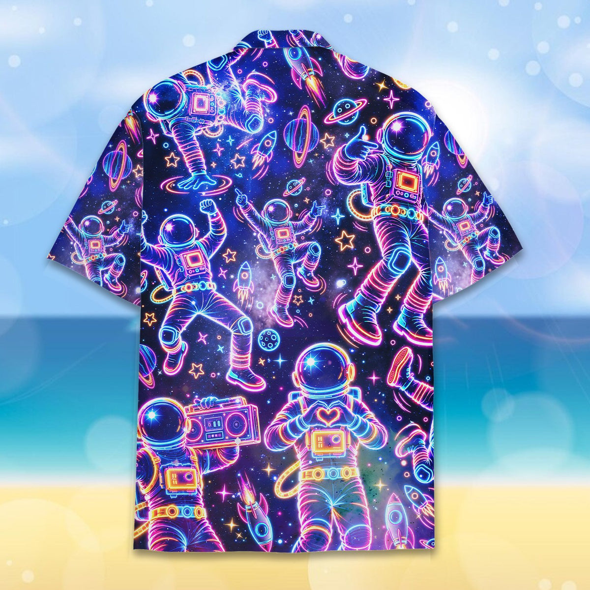 Front flat lay view of the space astronaut hawaiian shirt
