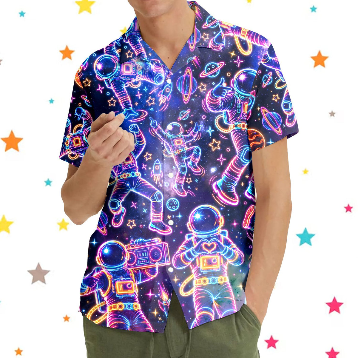 Second lifestyle image showing the matching family hawaiian shirts in a casual setting