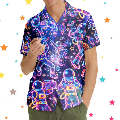 Second lifestyle image showing the matching family hawaiian shirts in a casual setting