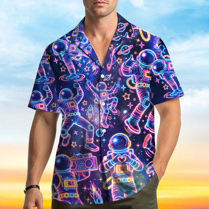 Third lifestyle image of the space astronaut hawaiian shirt being worn