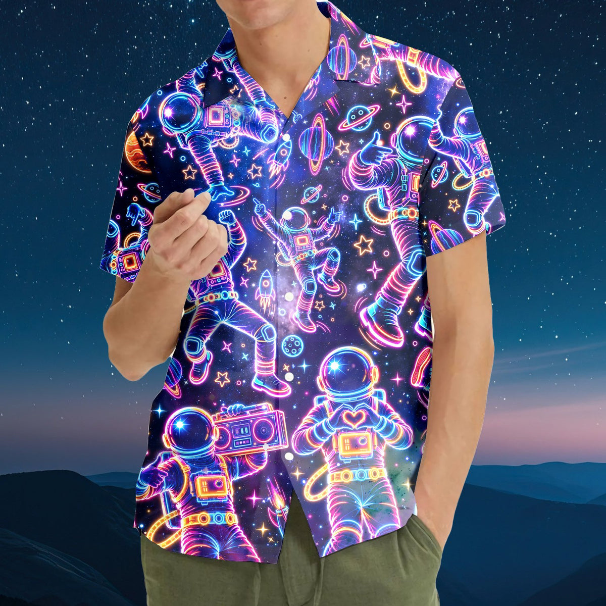 Lifestyle image of people wearing the space astronaut hawaiian shirt outdoors