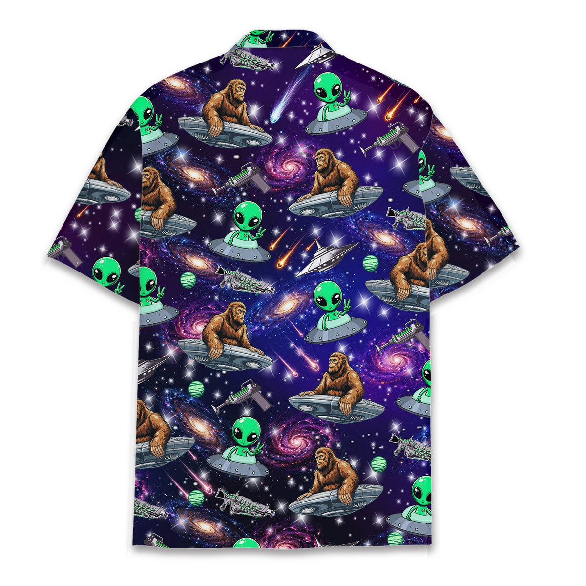 Back view of the space bigfoot and alien hawaiian shirt with vibrant galaxy print
