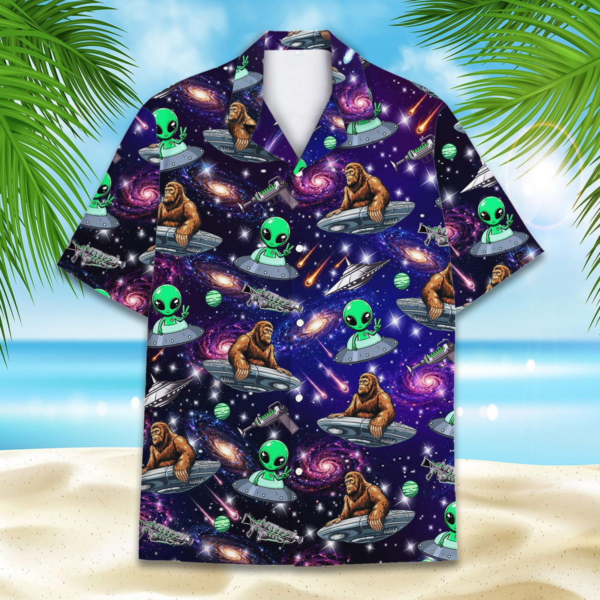 Close up front view of the purple space hawaiian shirt matching family outfit