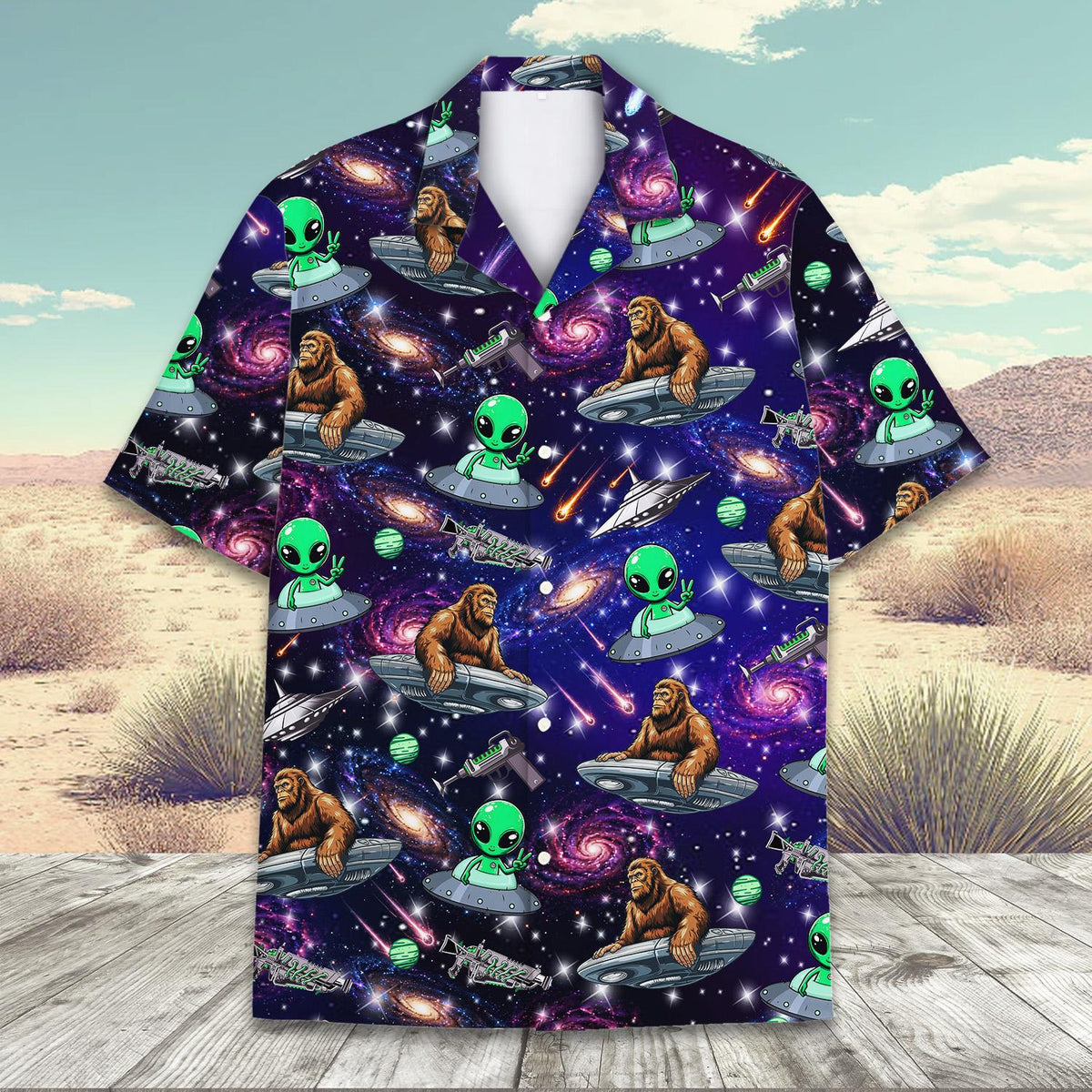 Detailed front view showing buttons on the space bigfoot and alien hawaiian shirt