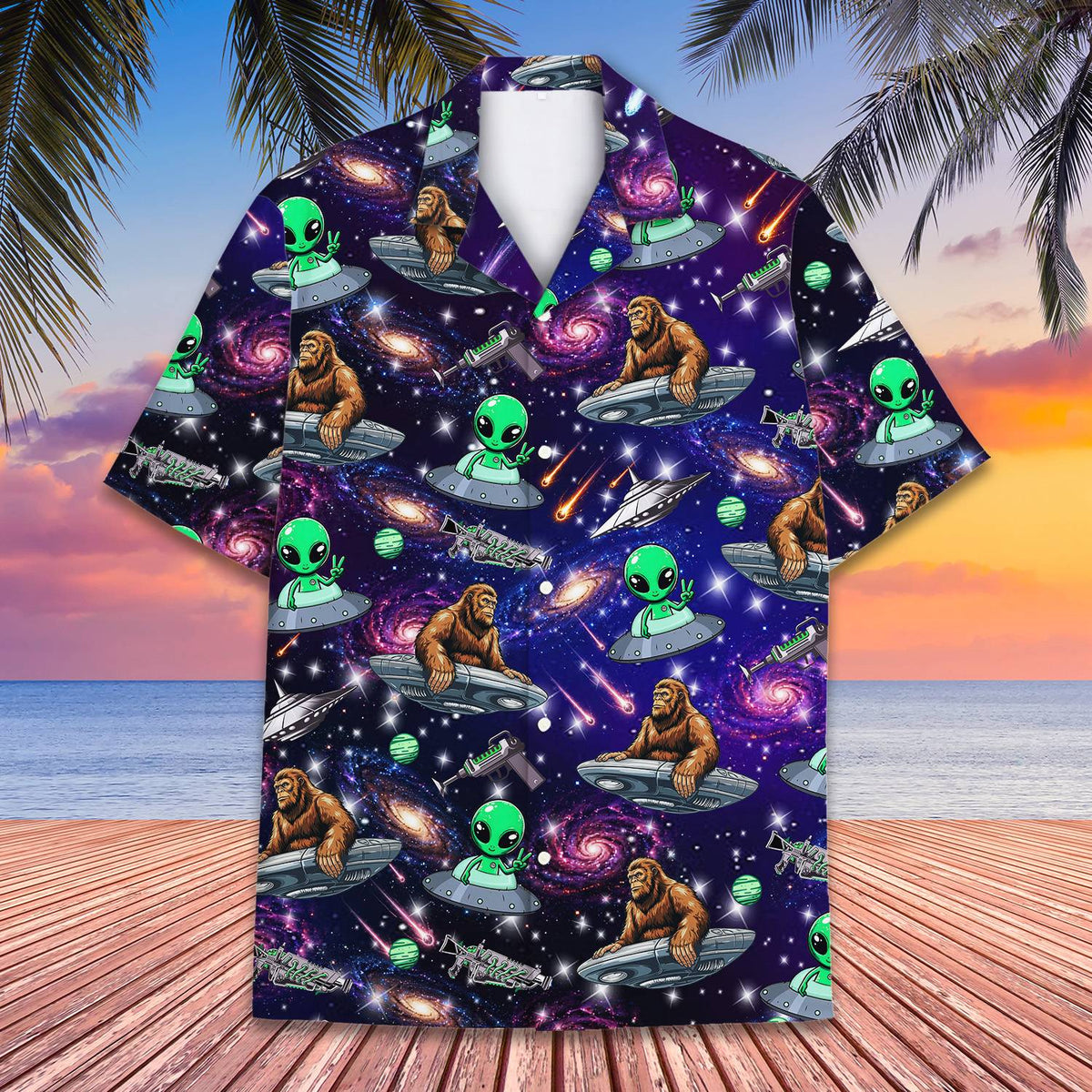 Front view of the space bigfoot and alien hawaiian shirt in purple and navy