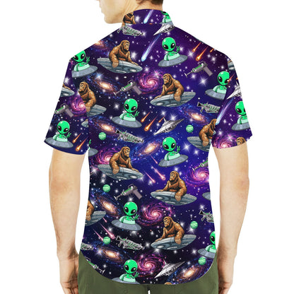 Second lifestyle view featuring the family matching hawaiian shirts in the space bigfoot and alien design