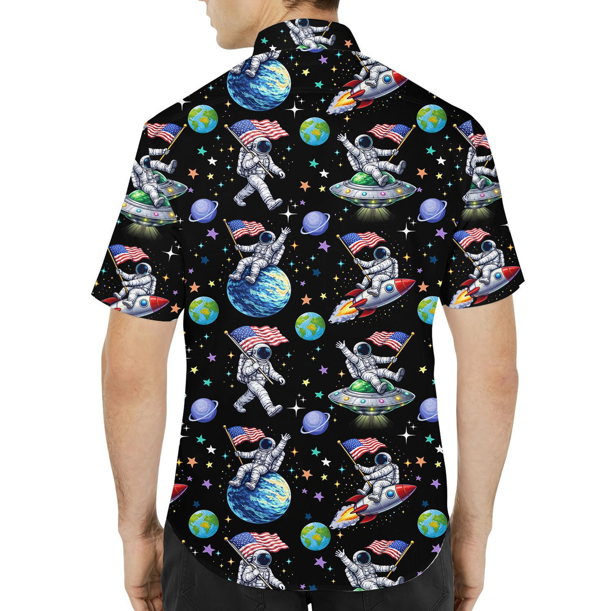 Back flat lay view of the space hawaiian shirt with UFO designs