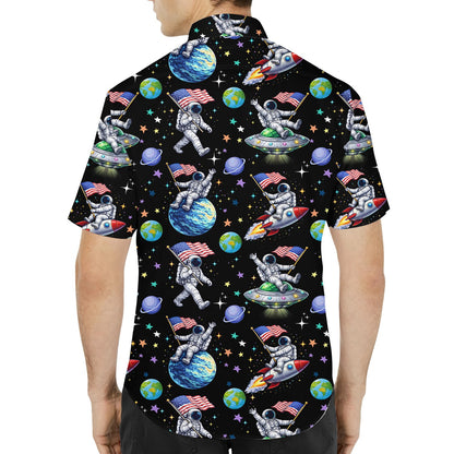 Back flat lay view of the space hawaiian shirt with UFO designs