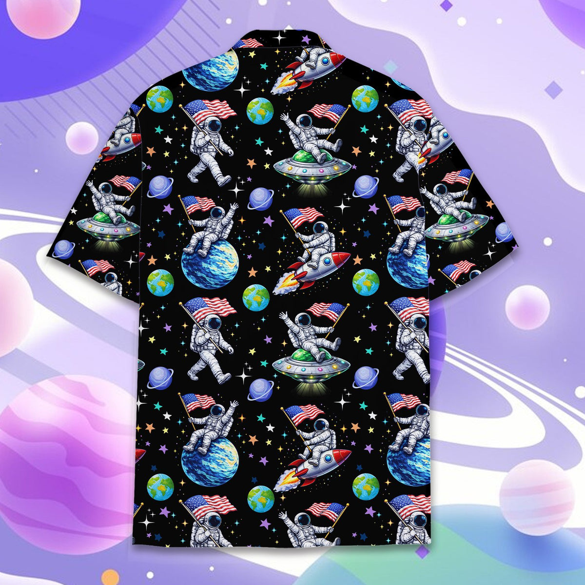 Back view of the space hawaiian shirt showing astronauts on planets