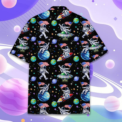 Back view of the space hawaiian shirt showing astronauts on planets