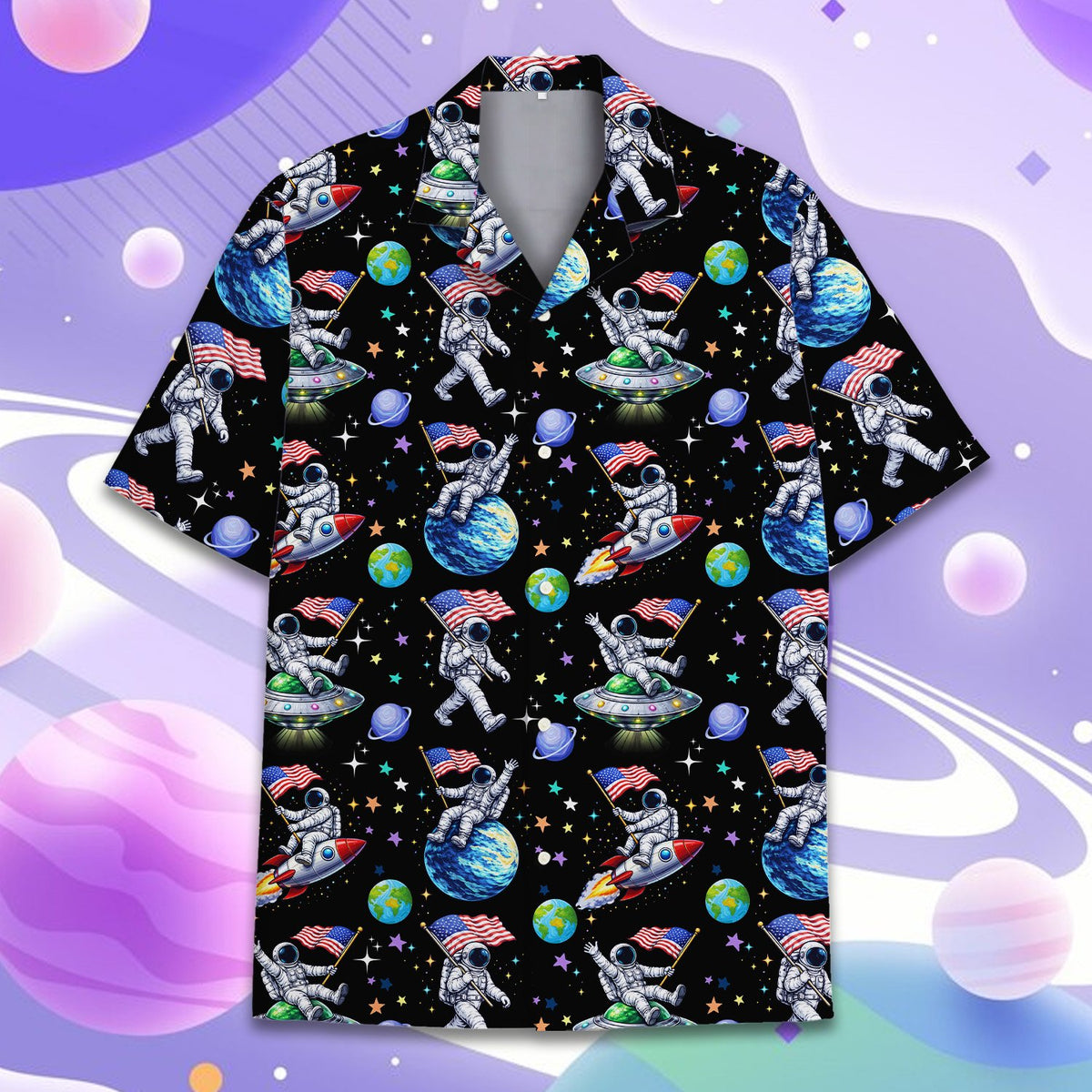 Front flat lay of the matching family space hawaiian shirt