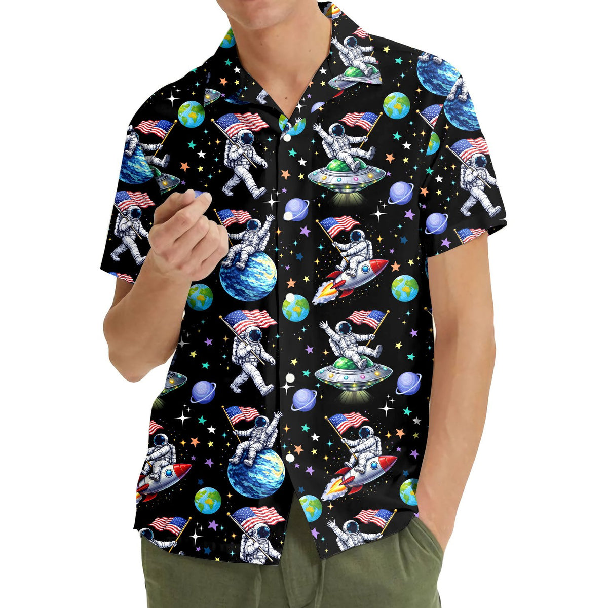 Close up front detail of the space hawaiian shirt pattern