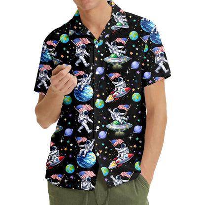 Close up front detail of the space hawaiian shirt pattern