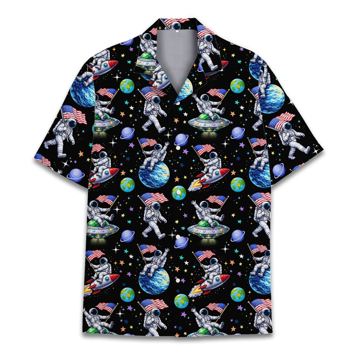 Front view of the black space hawaiian shirt with astronaut graphics