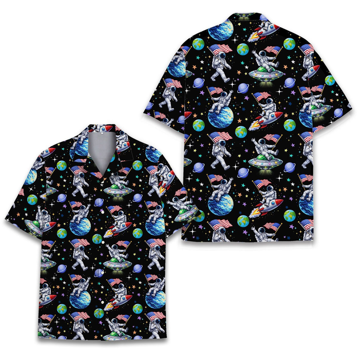 Close up view of the space hawaiian shirt astronaut print